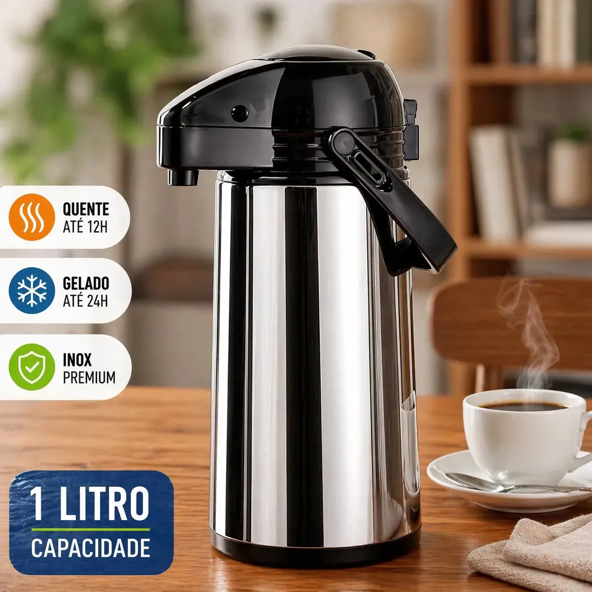 Garrafa Térmica de Café, Chá, Leite, Bebidas Quentes e Frias. Design Moderno, em Inox 